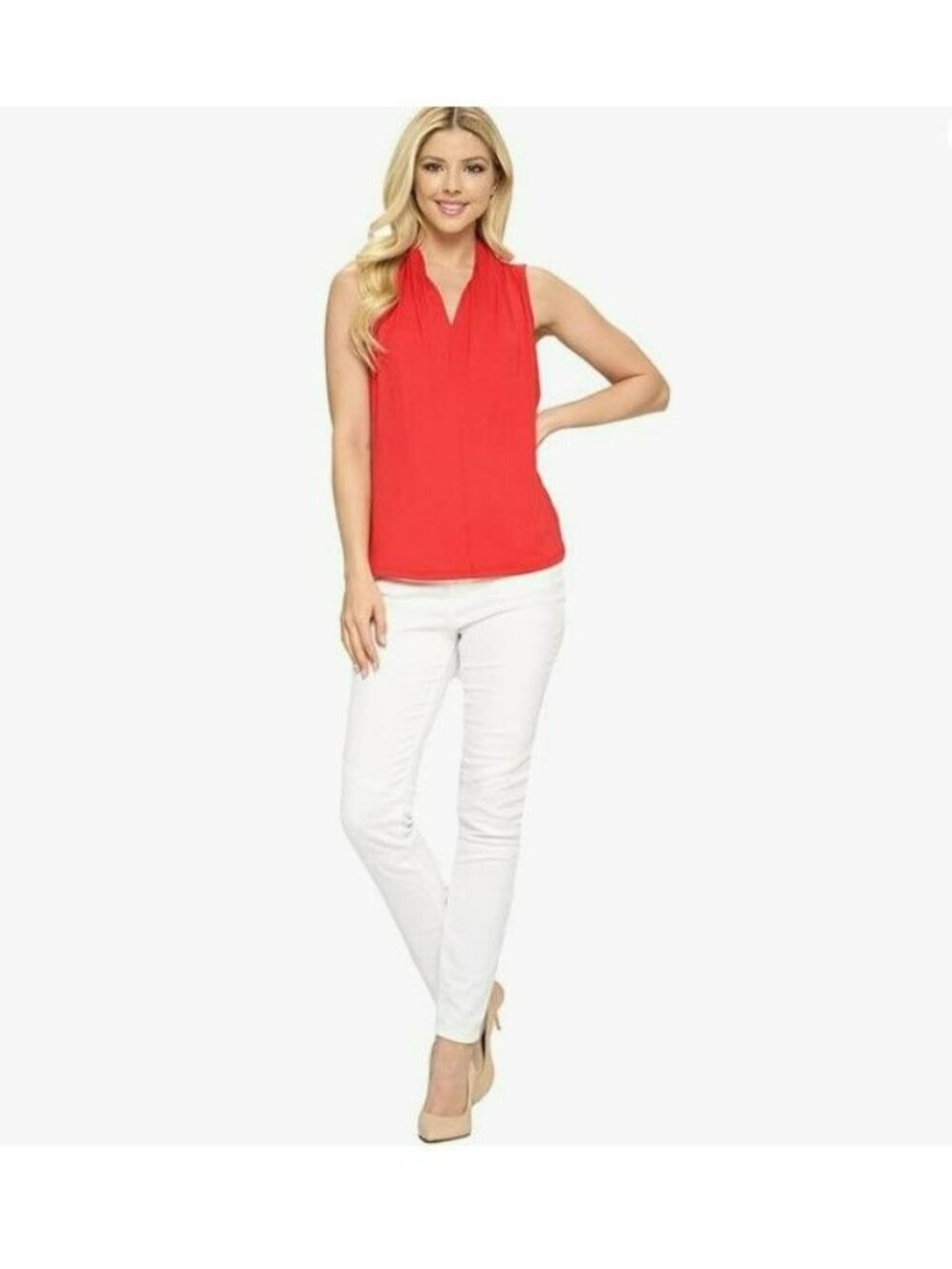 Calvin Klein‎ Womens Sleeveless Red Blouse Pleated Neckline Gold Logo Work Large